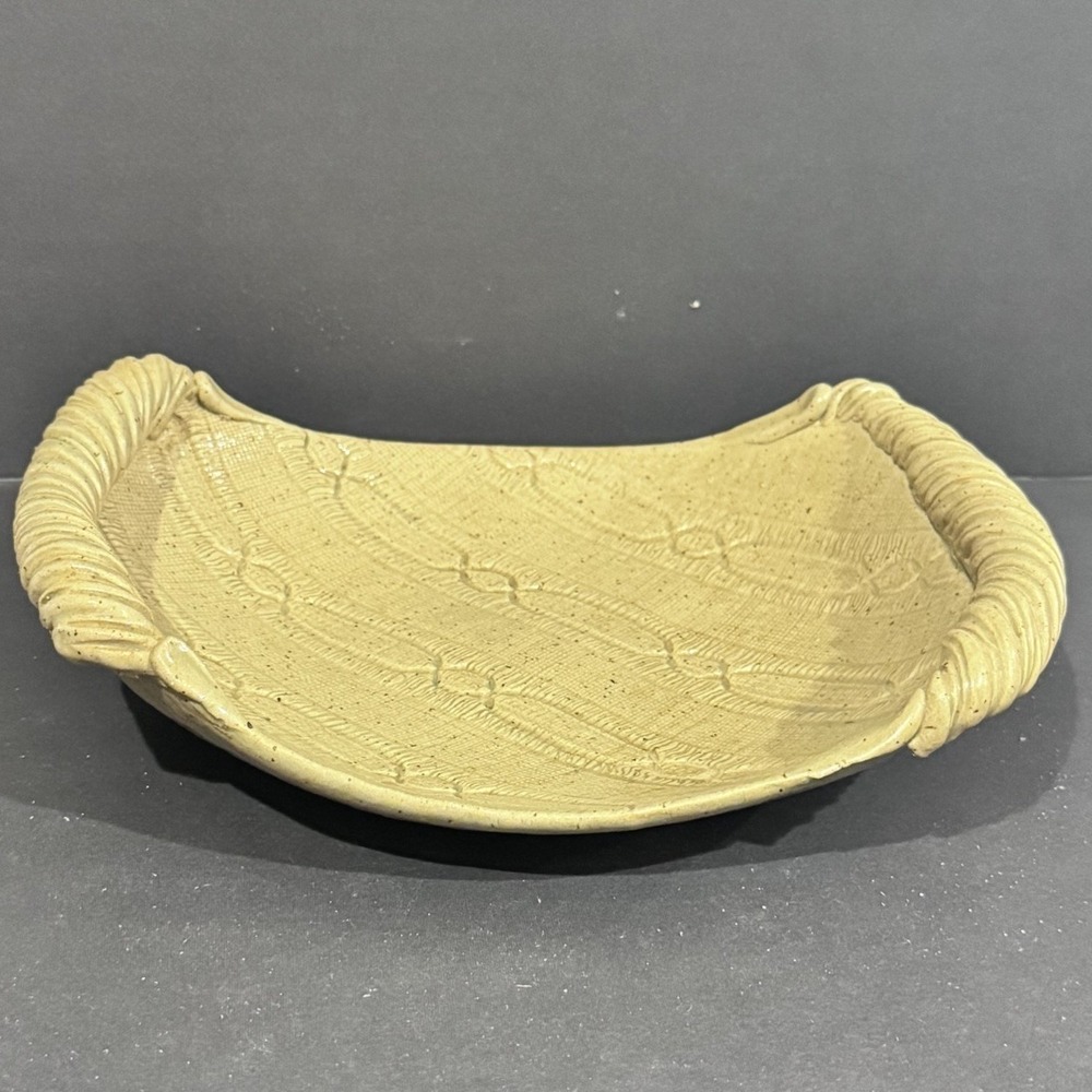 Studio Art Pottery Centerpiece Rolled Handles Curved Textured Glaze Tan Unsigned